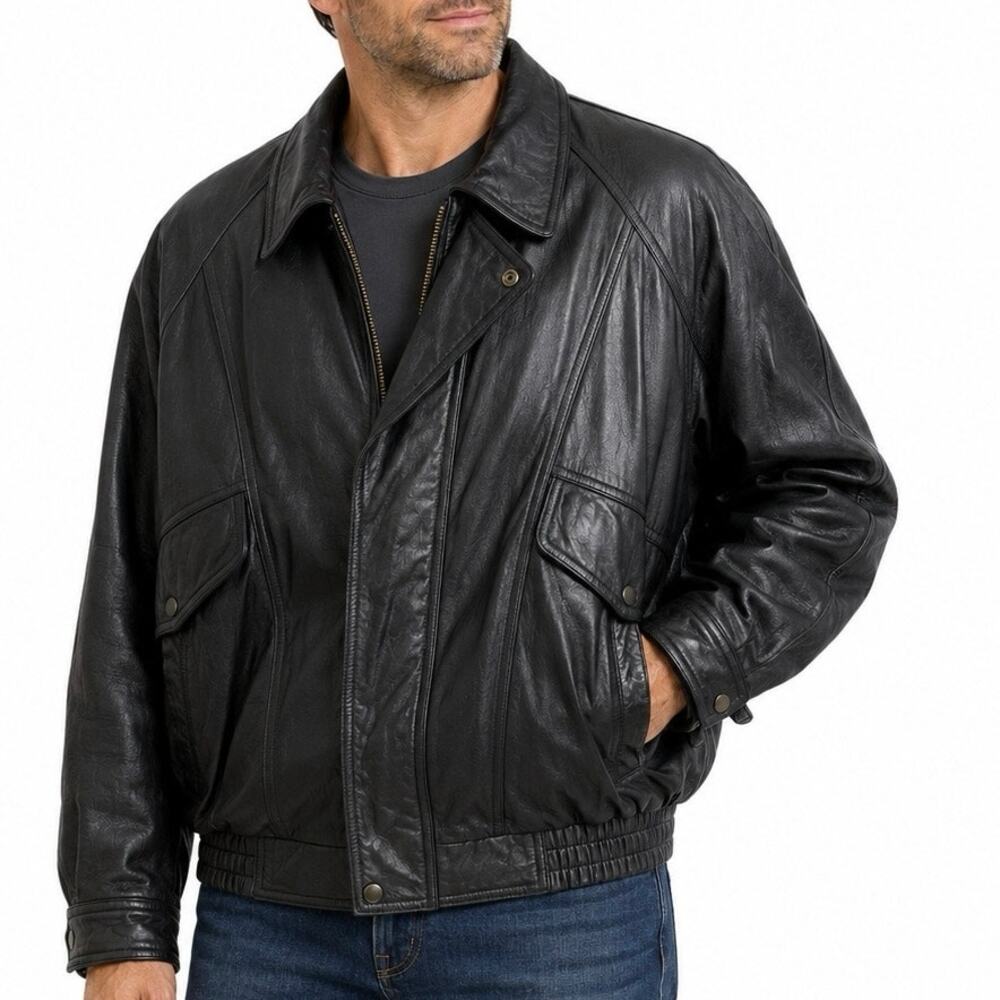 Hill & Archer Genuine Leather Bomber Jacket Black Size 48 Vintage Oversized